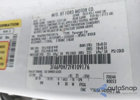 2015 Ford Fusion Se из США, поврежденный, VIN 3FA6P0H72FR109176